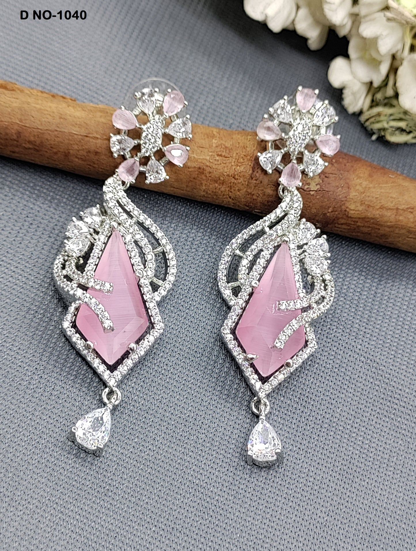 CZ Rodium  American Diamond Earrings Sku-1040 rchiecreation