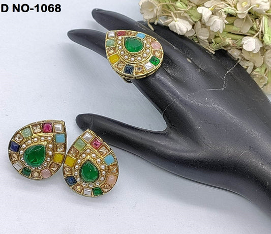 Mehandi Polki Earing+Finger Ring Combo Sku-1068 rchiecreation