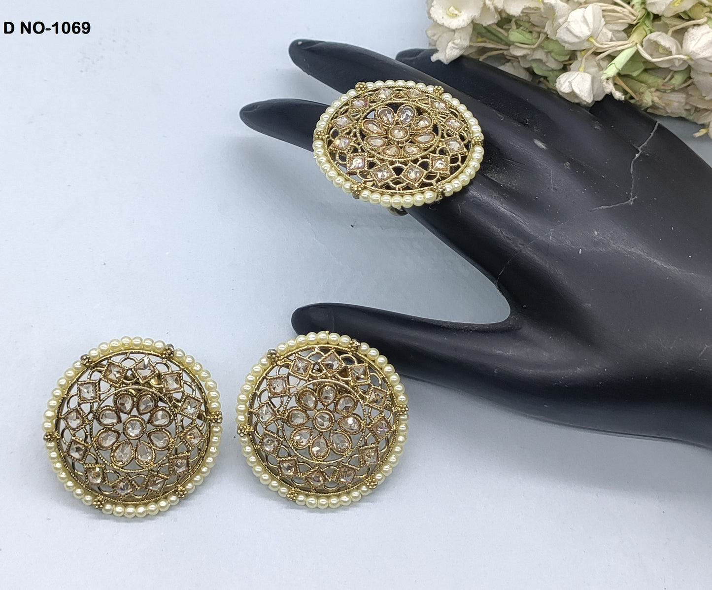 Mehandi Polki Earing+Finger Ring Combo Sku-1069 rchiecreation