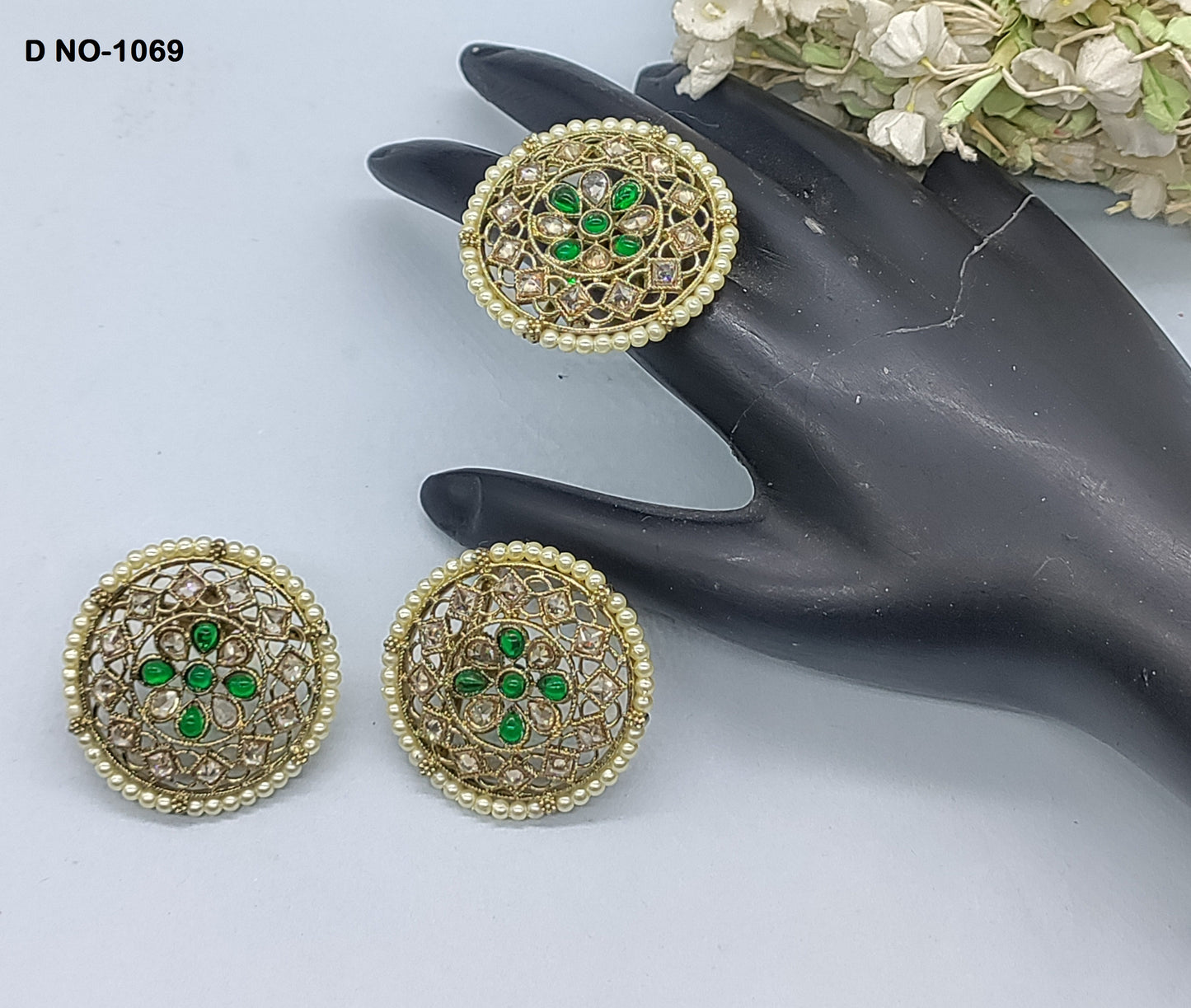 Mehandi Polki Earing+Finger Ring Combo Sku-1069 rchiecreation