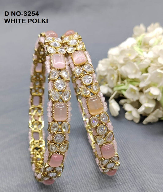 Mehandi White Pink Polki Bangle Sku-3254 rchiecreation