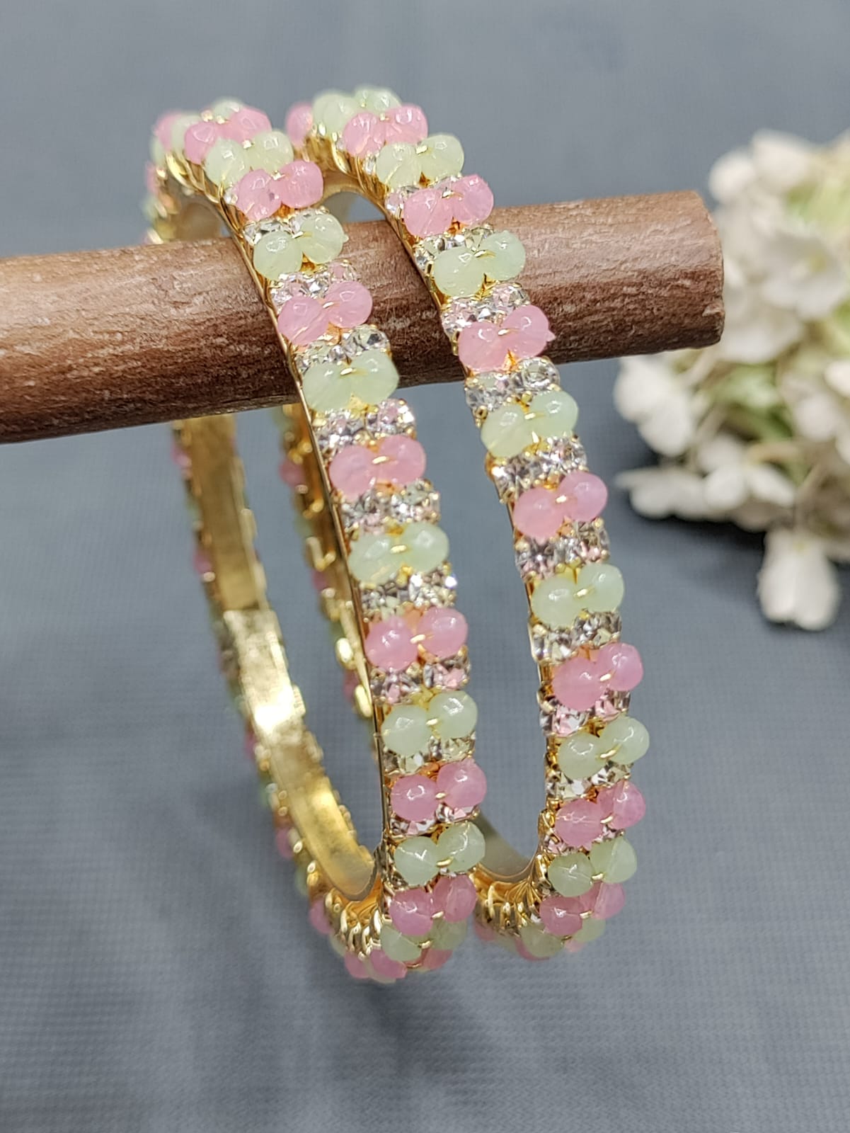 Golden Pink+Mint Pearl Stone Bangle SKU-6061 rchiecreation