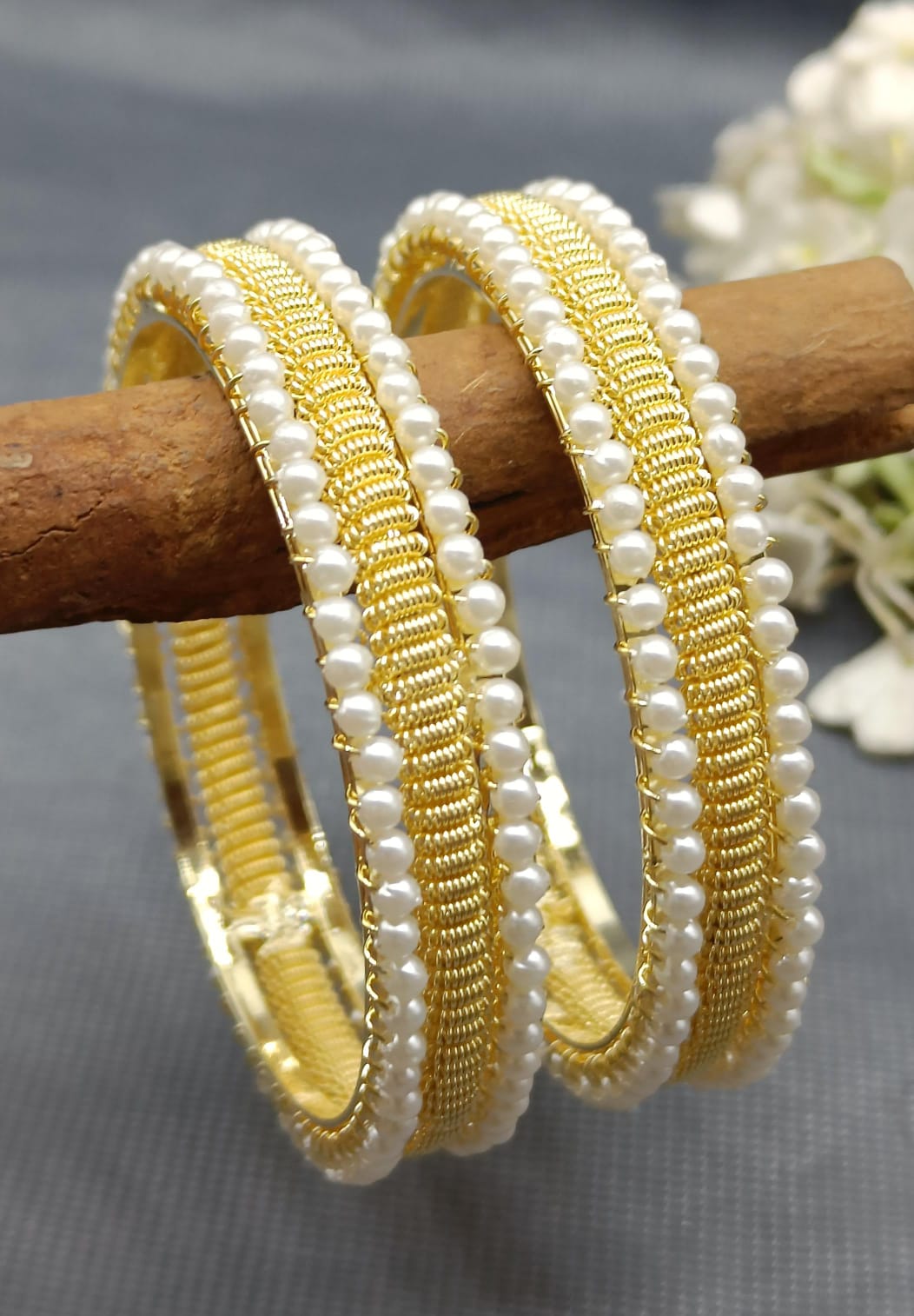 Stone Pearls jeco Bangles Golden White Sku-6073 rchiecreation