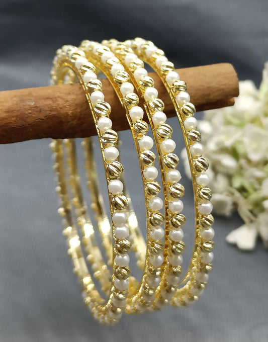 Stone Pearls jeco Bangles Golden White Sku-6078 rchiecreation