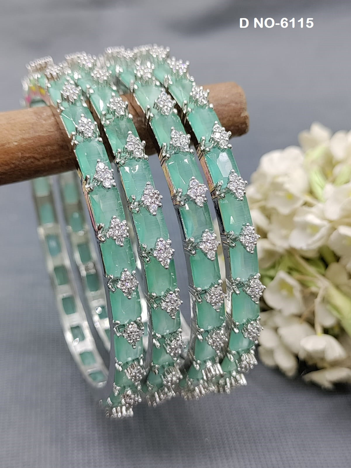 Cz Ad Rodium Mint Bangles Sku-6115 rchiecreation