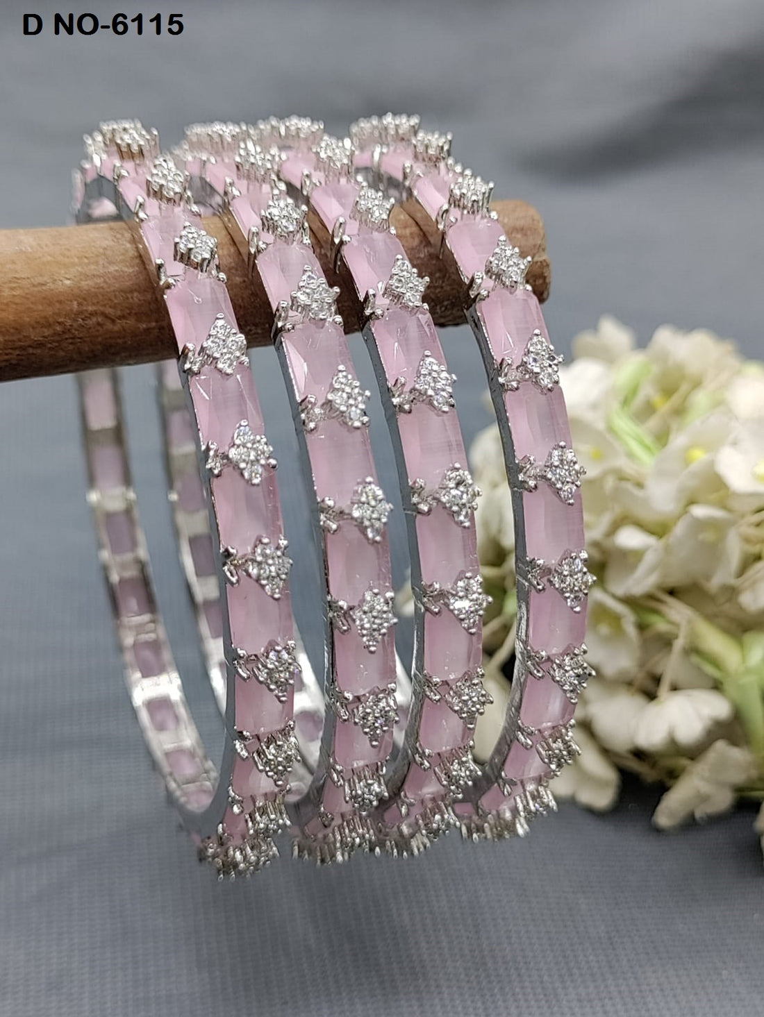 Cz Ad Rodium Pink Bangles Sku-6115 rchiecreation