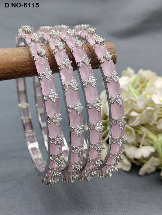 Cz Ad Rodium Pink Bangles Sku-6115 rchiecreation