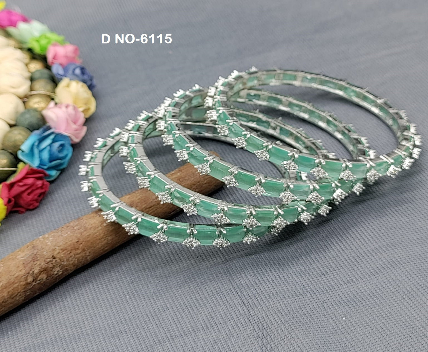 Cz Ad Rodium Mint Bangles Sku-6115 rchiecreation