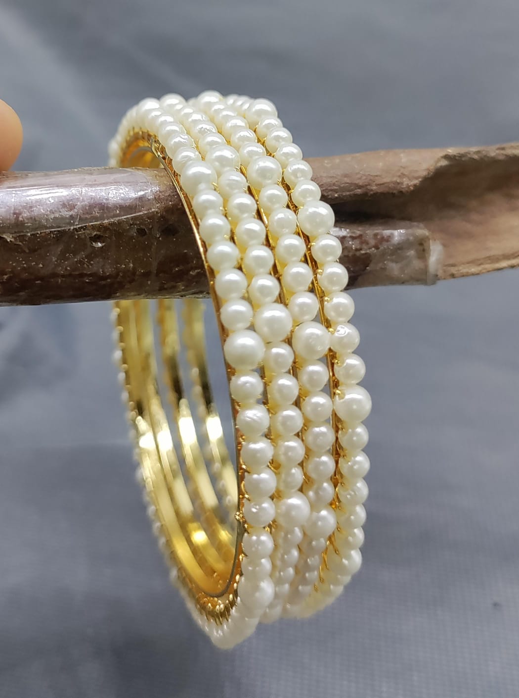 Golden White Pearl Bangle SKU-6133 rchiecreation