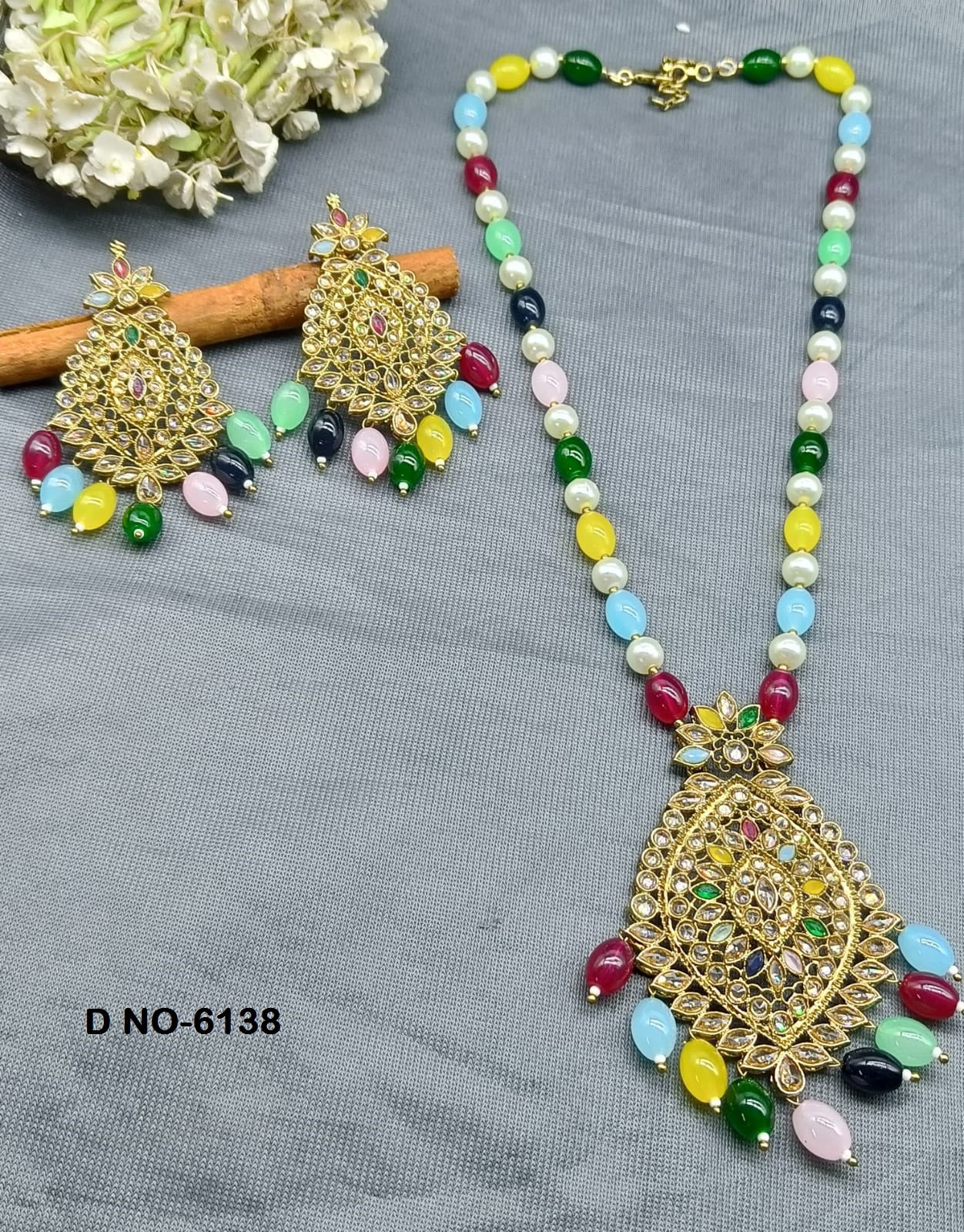 Party Wear Long Necklace Mehndi Set Sku-6138 B3 rchiecreation
