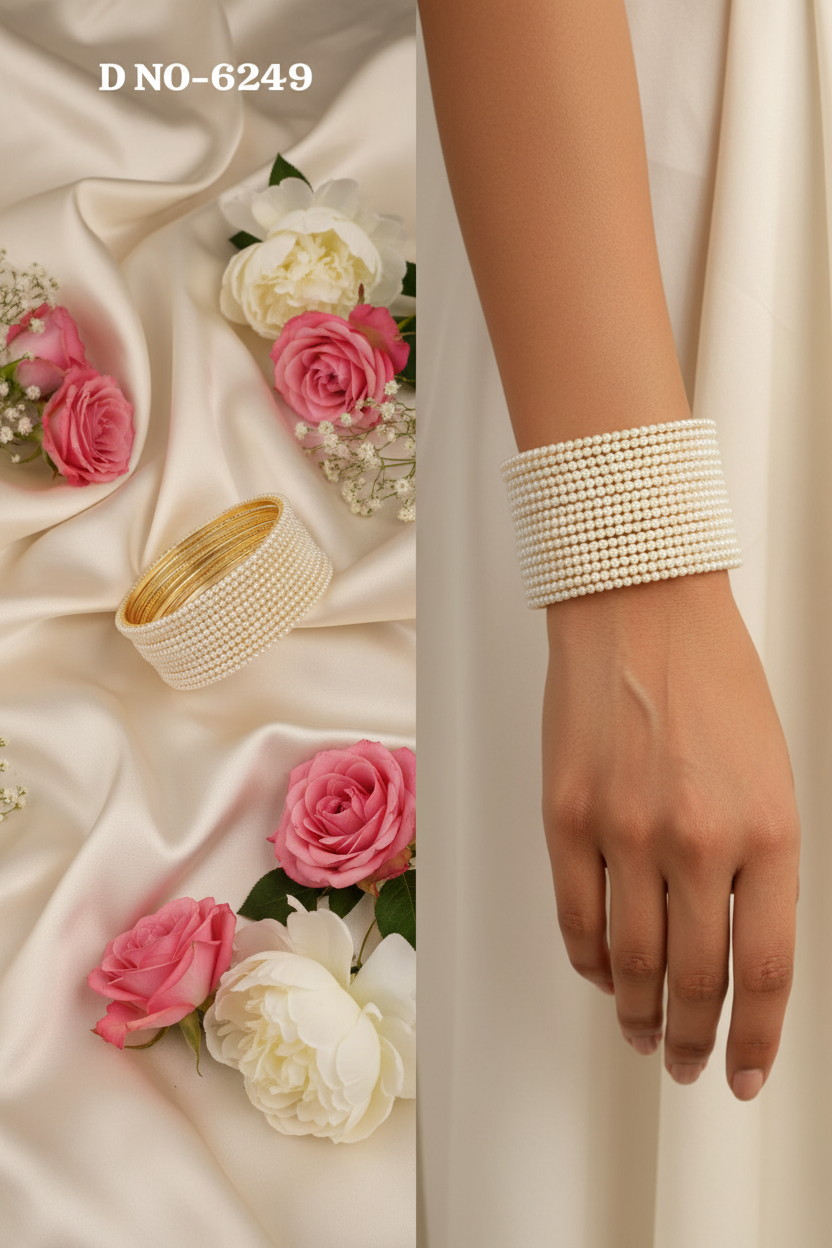 Single Line Cream Pearl Bangle SKU-6249 (Box Of 3 Mix Size Pack)