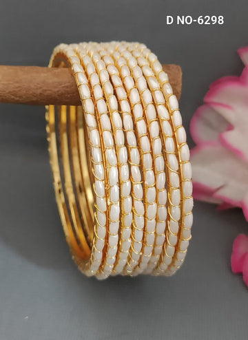 Single Line Semi Rice Pearl Bangles-6298 (Box Of 3 Mix Size Pack)