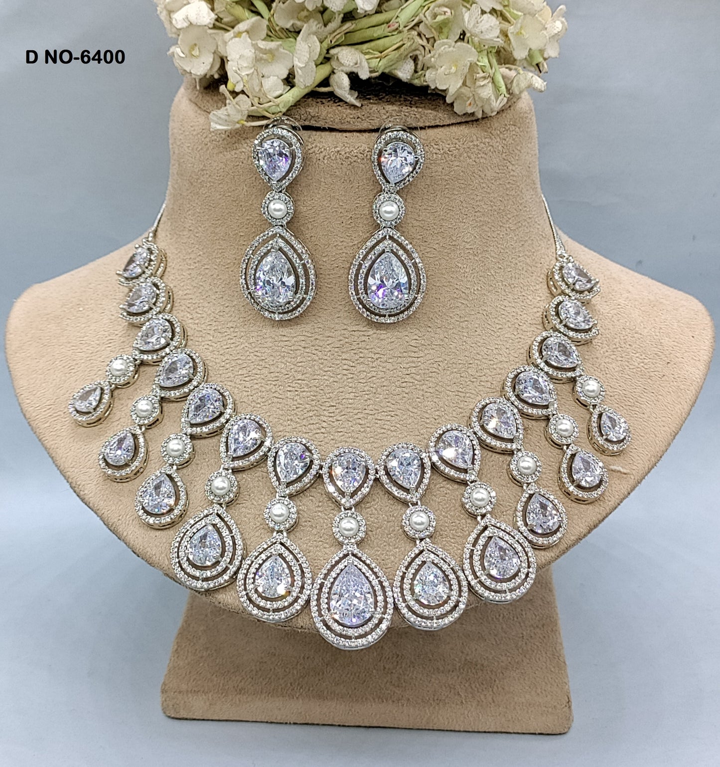 Rodium American Diamond Necklace Sku-6400 rchiecreation