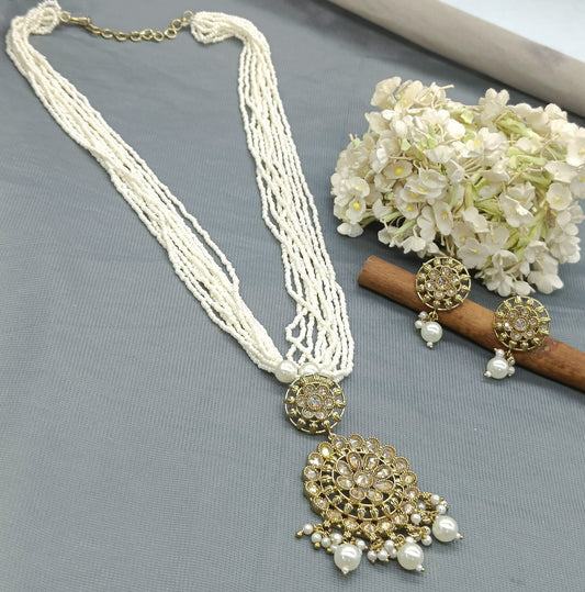 Pearl Polki long Necklace set -6421 rchiecreation