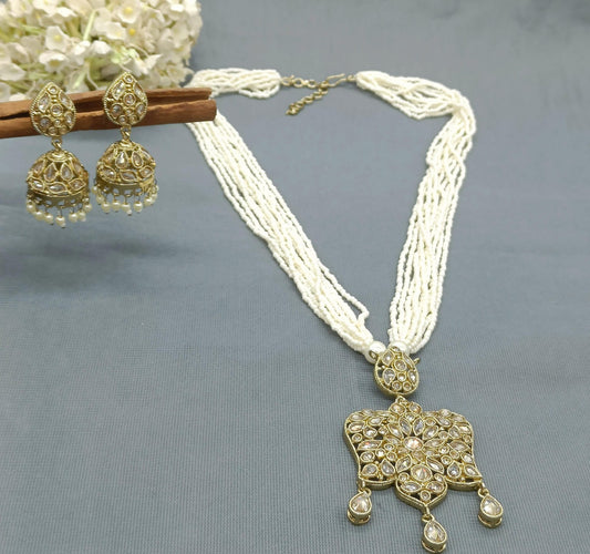 Pearl Polki long Necklace set -6422 rchiecreation