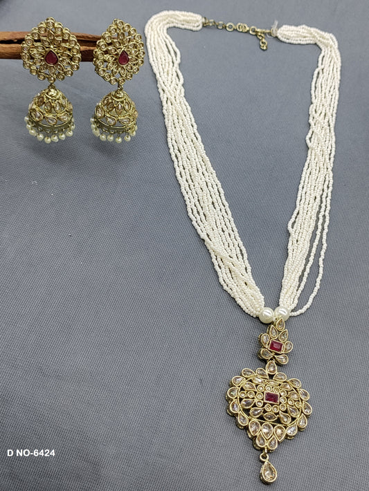 Pearl Polki long Necklace set -6424 rchiecreation