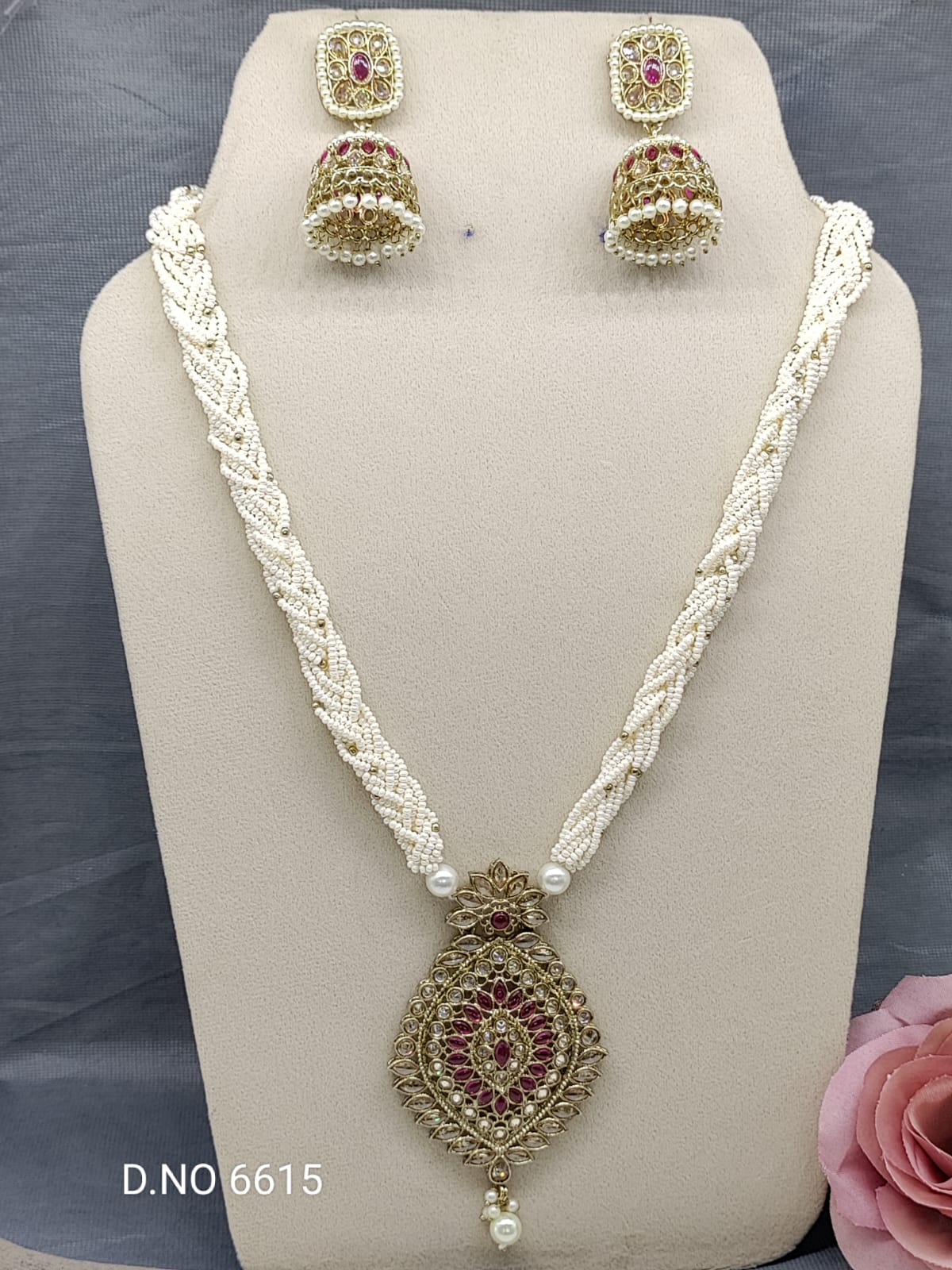 Long Pearl Polki Necklace SKU-6615 rchiecreation