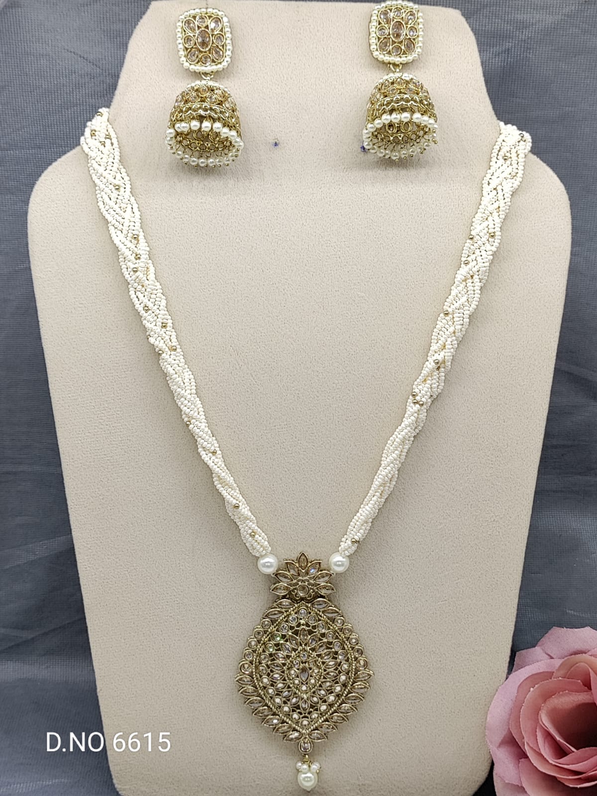 Long Pearl Polki Necklace SKU-6615 rchiecreation