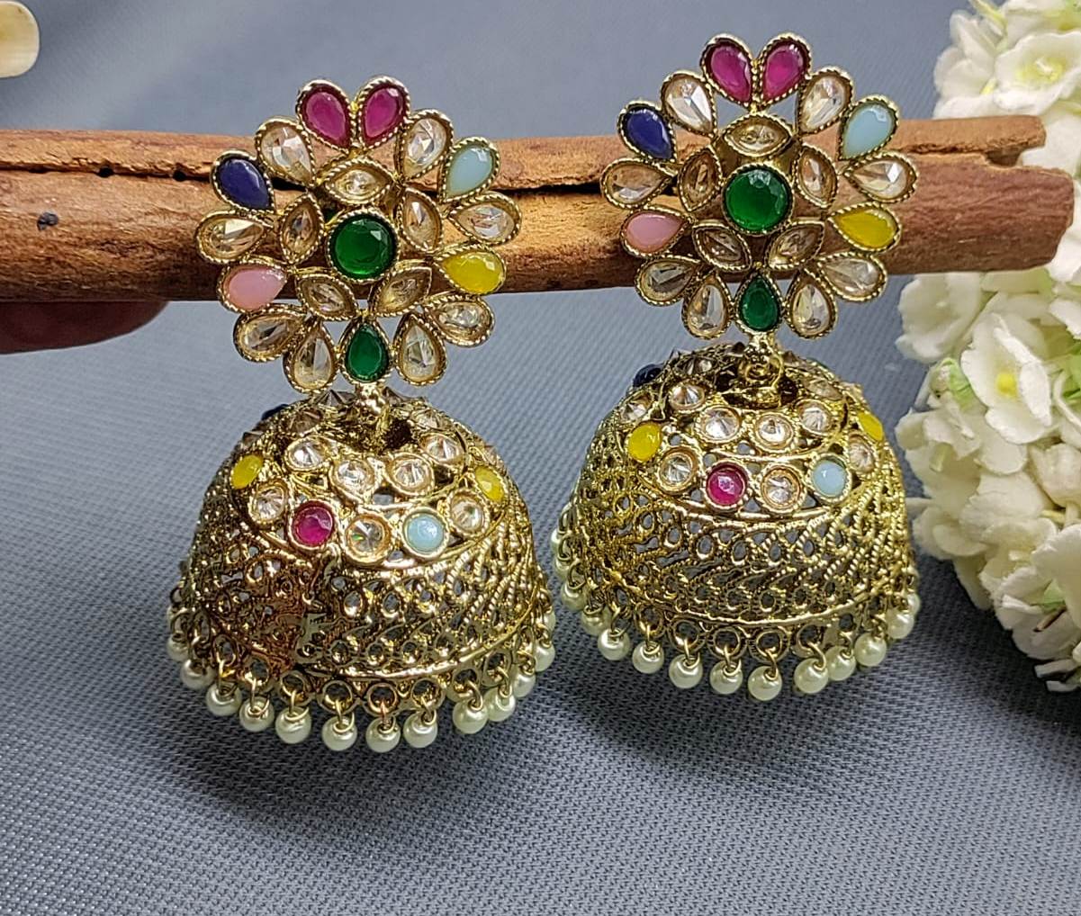 Polki Mehandi Jhumki Combo Earring Sku 697 rchiecreation