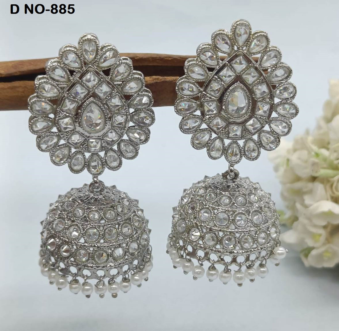 Rodium Polki Jhumki Earring Sku -885 rchiecreation