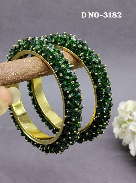 Krystal Pearl Mehandi Green Bangles Sku- 3182