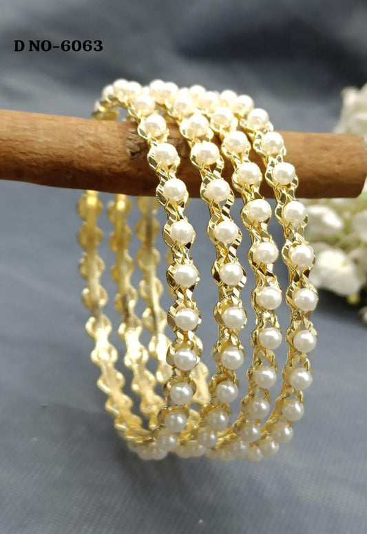 Stone Pearls jeco Bangles Golden White Sku-6063 rchiecreation