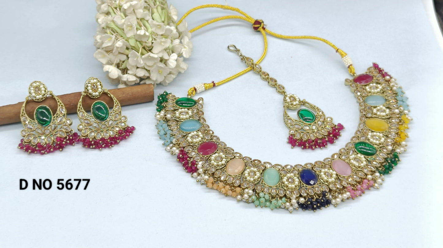 Navratan Stone Necklace Mehndi Set Sku 5677 B3 rchiecreation