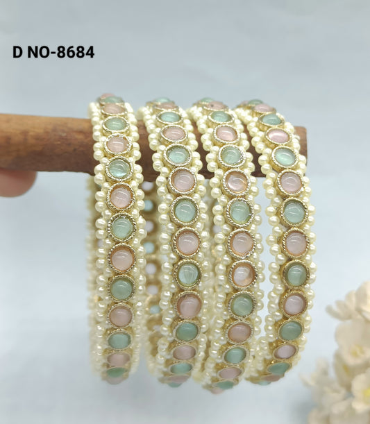 Beautiful Polki Mint+Pink Bangles Sku-8684 rchiecreation