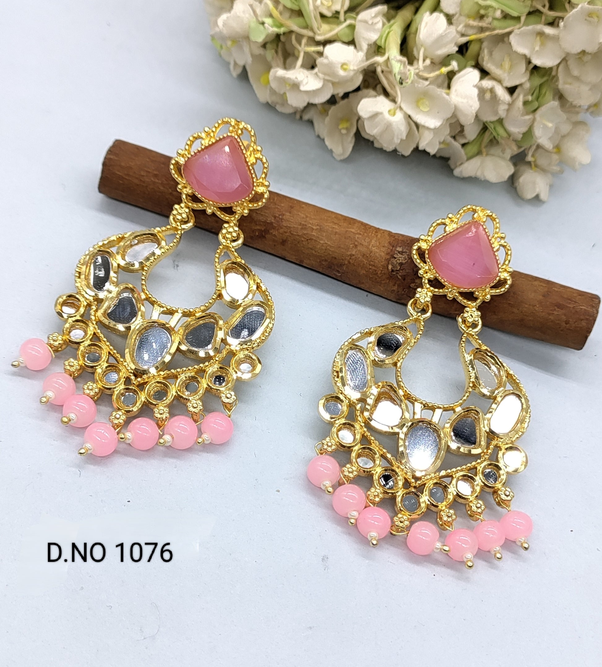 Golden Kundan Mirror Earring Sku 1076 rchiecreation