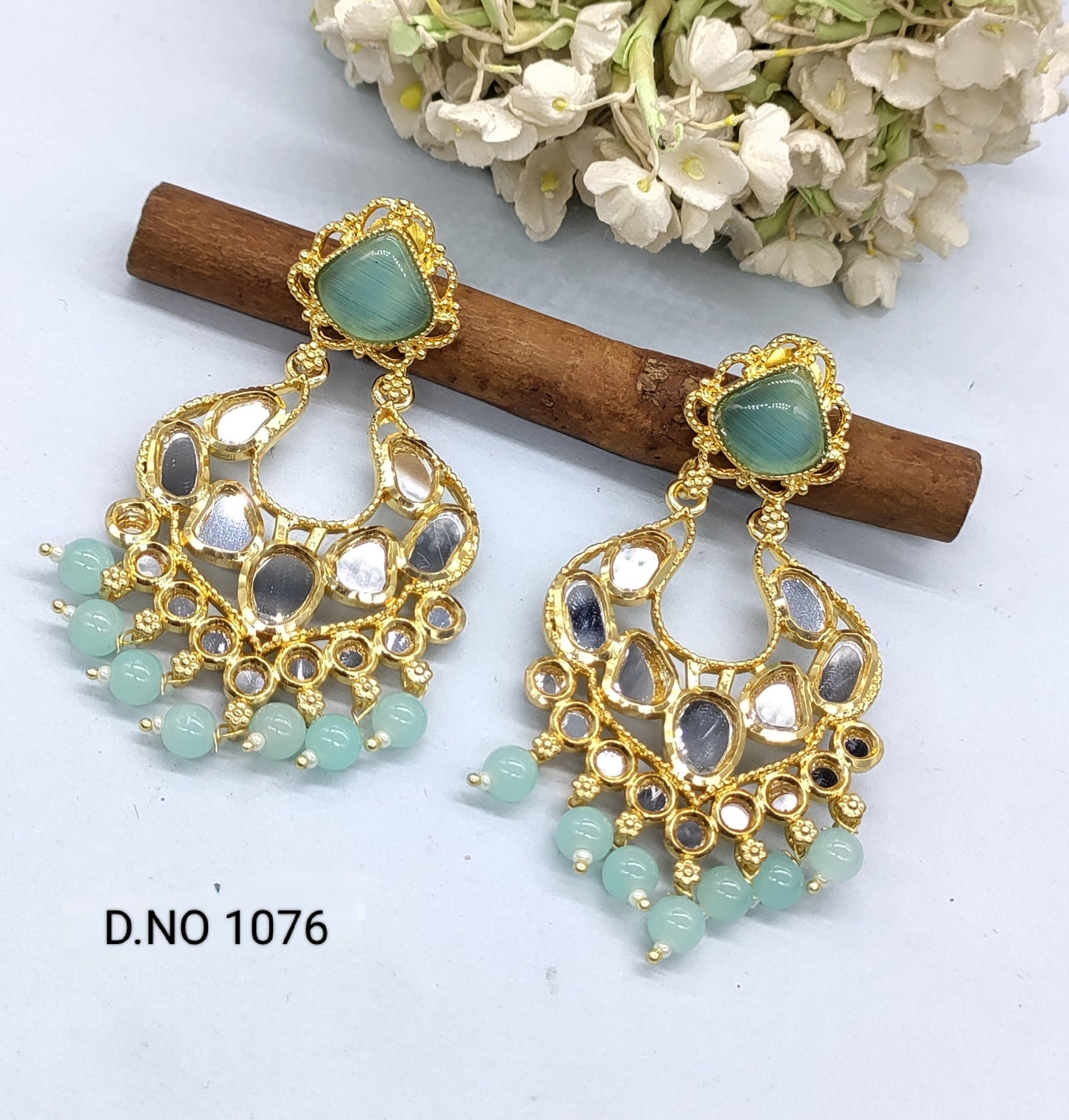 Golden Kundan Mirror Earring Sku 1076 rchiecreation