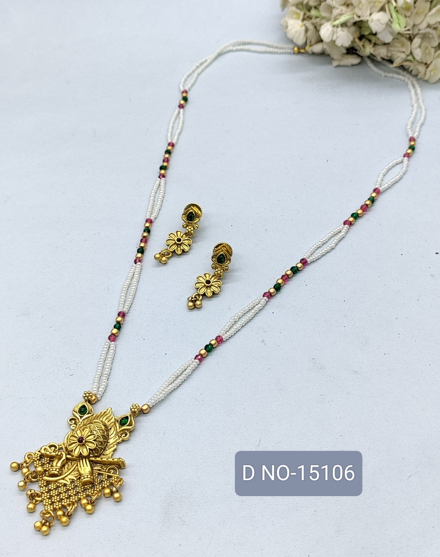 Antique Golden Long Pearl Necklace Set Sku-15106 rchiecreation