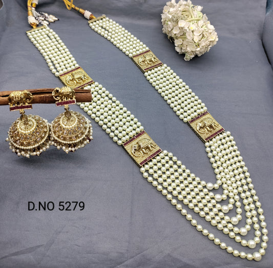 Polki Mehandi Pearl Long Necklace Set Sku 5279 rchiecreation