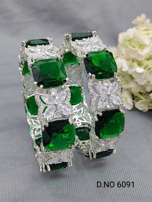 Cz Ad Rodium Green Bangles Sku 6091 rchiecreation