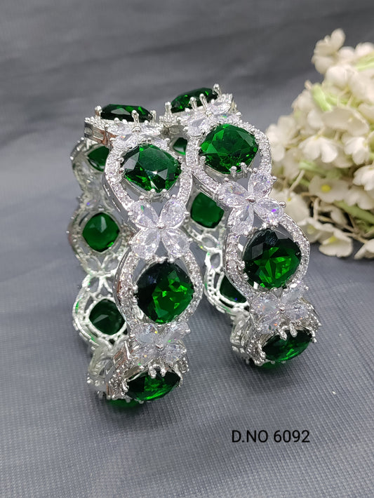 Cz Ad Rodium Green Bangles Sku 6092 rchiecreation