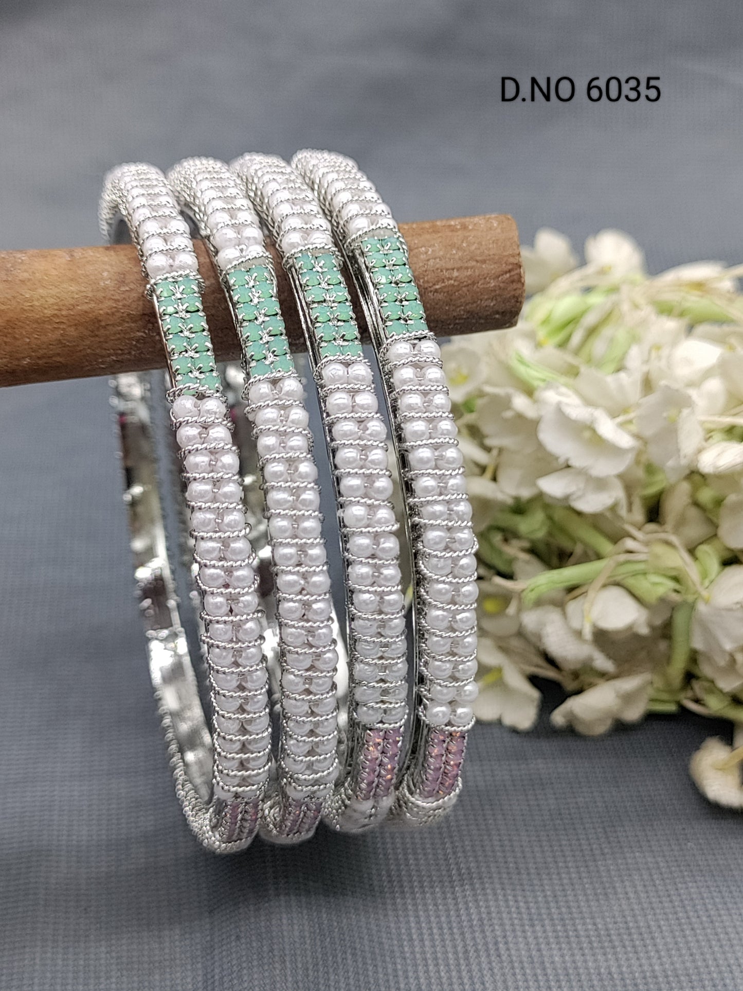 Pearl Rodium Stone Bangles Sku 6035 rchiecreation