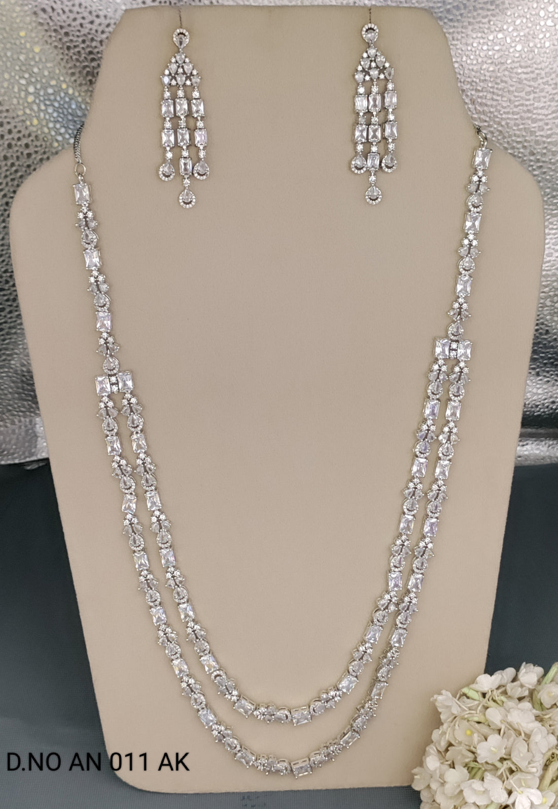 Cz Ad Rodium long Necklace Set Sku AN 011 AK rchiecreation
