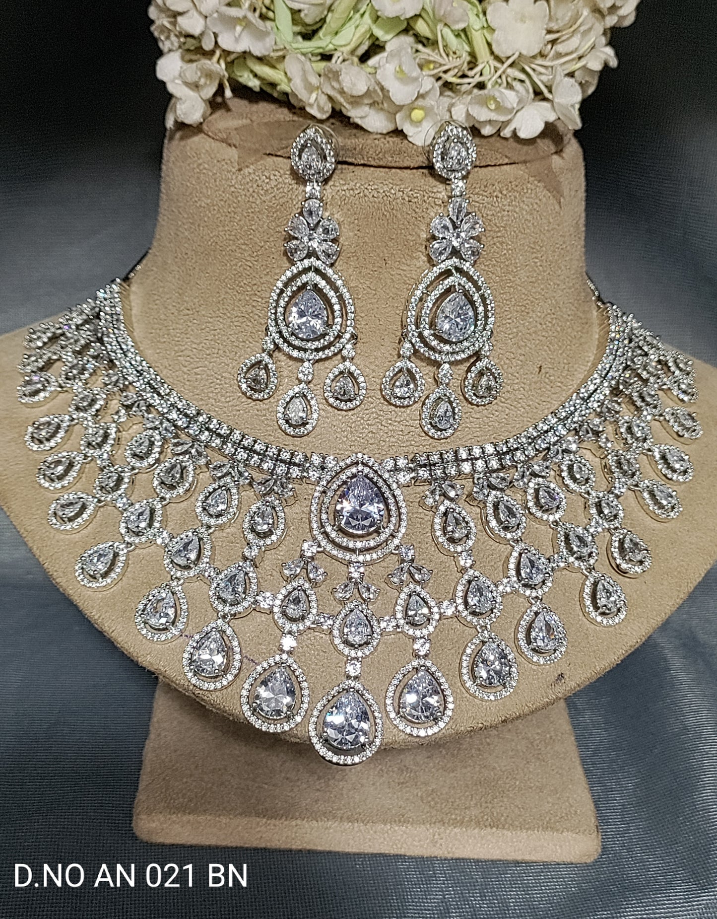 Cz ad Rodium Bridal Necklace Set Sku AN 021 BN rchiecreation