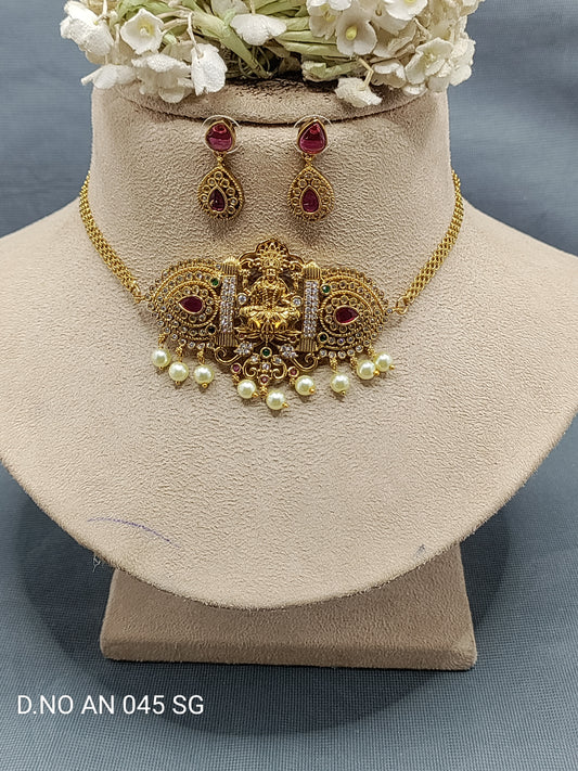 Cz Ad Antique Golden Temple Chokar Necklace Set Sku AN 045 SG rchiecreation