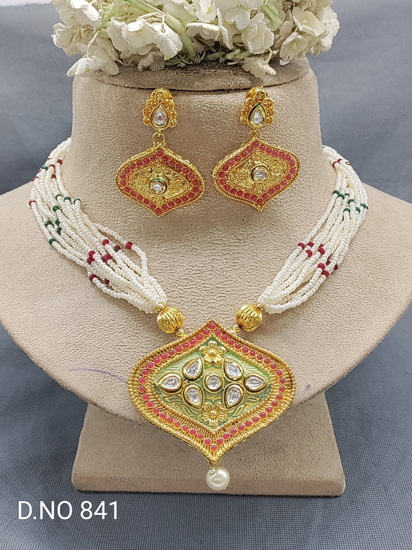 Golden Pearl Kundan Minakari necklace Sku 841 D4 rchiecreation