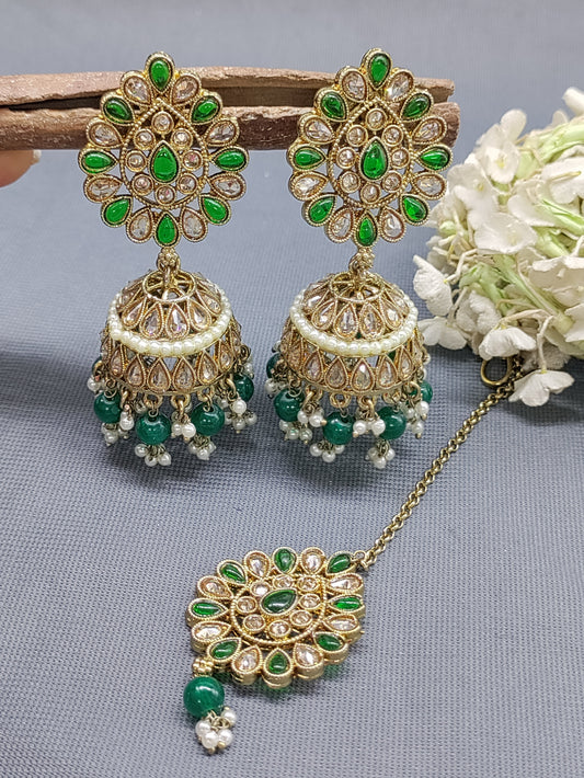 Mehandi Polki Earing+Tika SKU-2136 rchiecreation