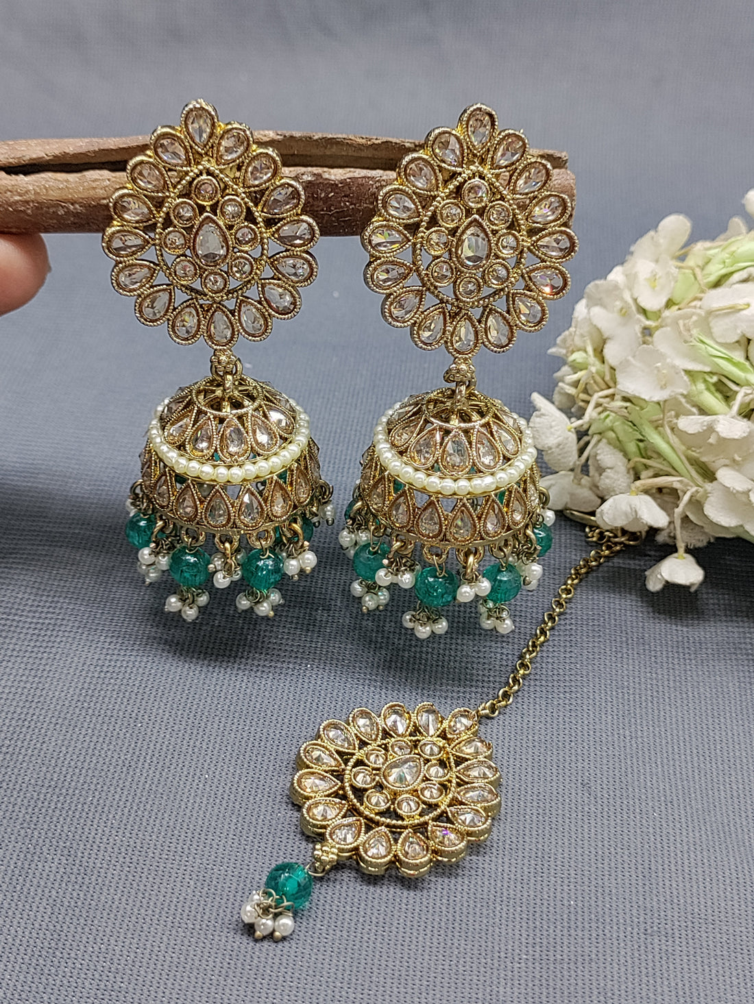 Mehandi Polki Earing+Tika SKU-2136 rchiecreation