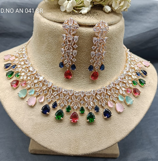 Cz Ad Rose Gold Necklace Set Sku AN 041 SR D5 rchiecreation