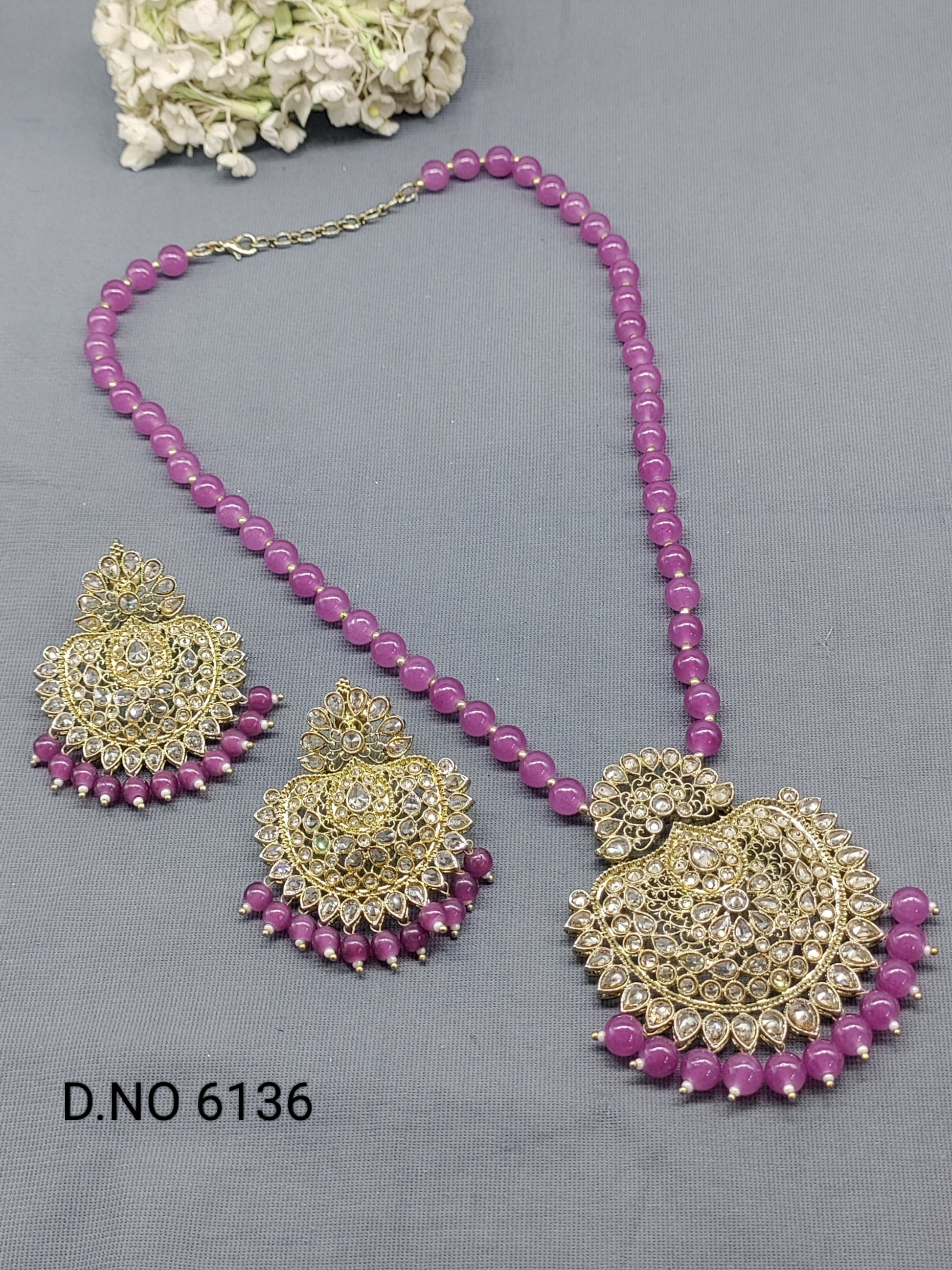 Pearl Polki Long Necklace Mehndi Set Sku-6136 B1 rchiecreation