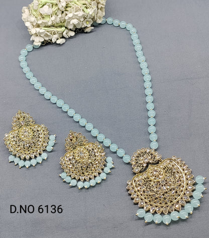 Pearl Polki Long Necklace Mehndi Set Sku-6136 B1 rchiecreation