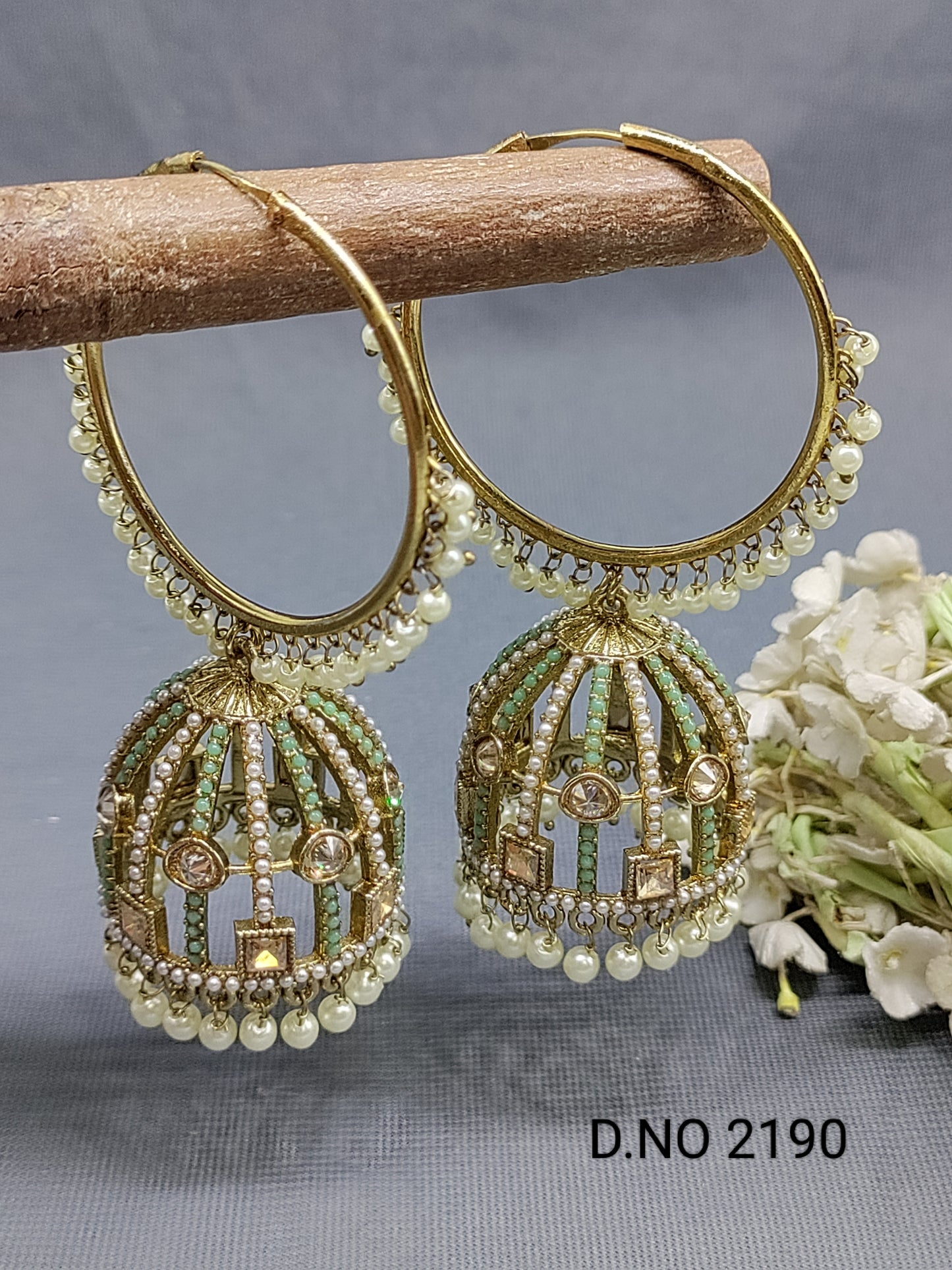 Polki Mehandi Pearl Bali Jhumki Earrings Sku 2190 rchiecreation