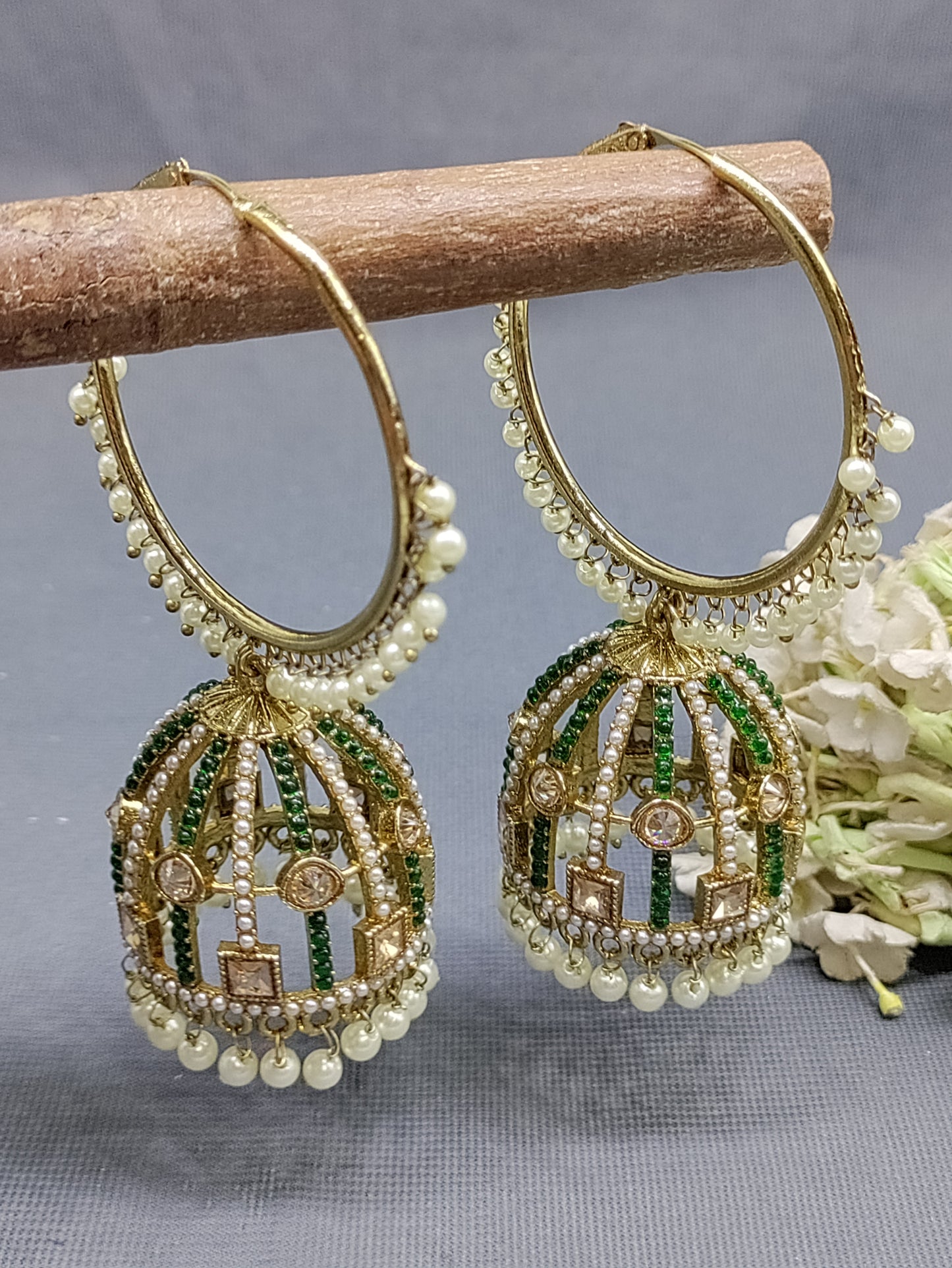 Polki Mehandi Pearl Bali Jhumki Earrings Sku 2190 rchiecreation