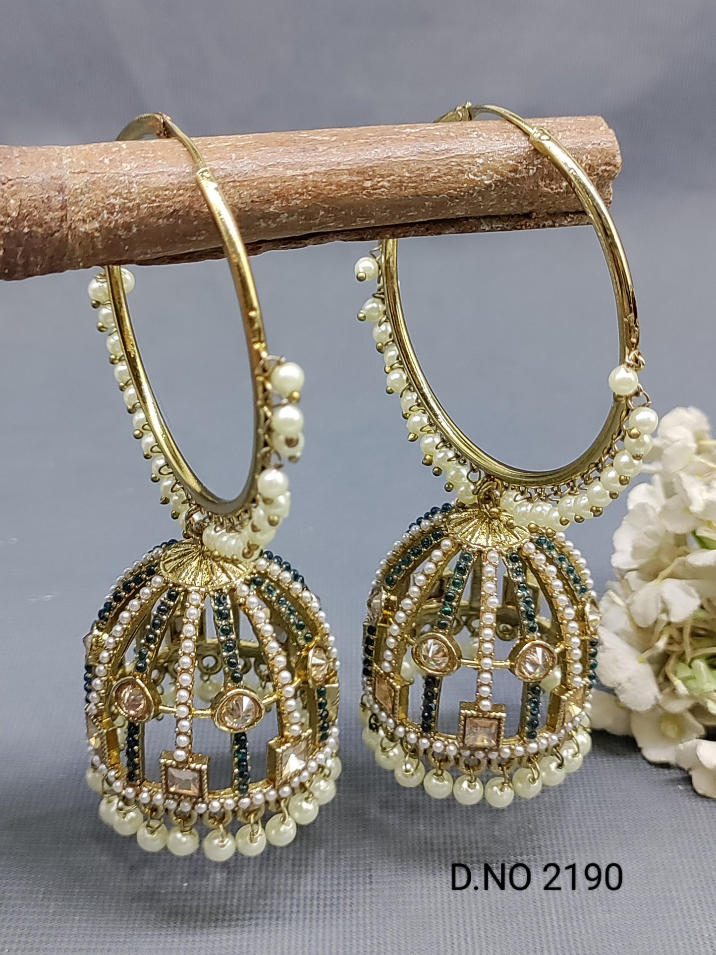 Polki Mehandi Pearl Bali Jhumki Earrings Sku 2190 rchiecreation