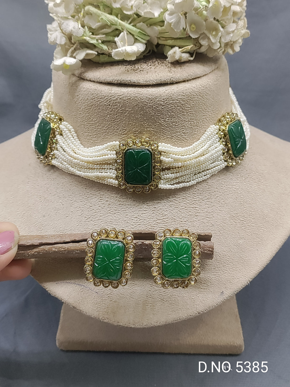 Pearl Polki Choker Necklace Mehndi Set Sku-5385 B2 - rchiecreation