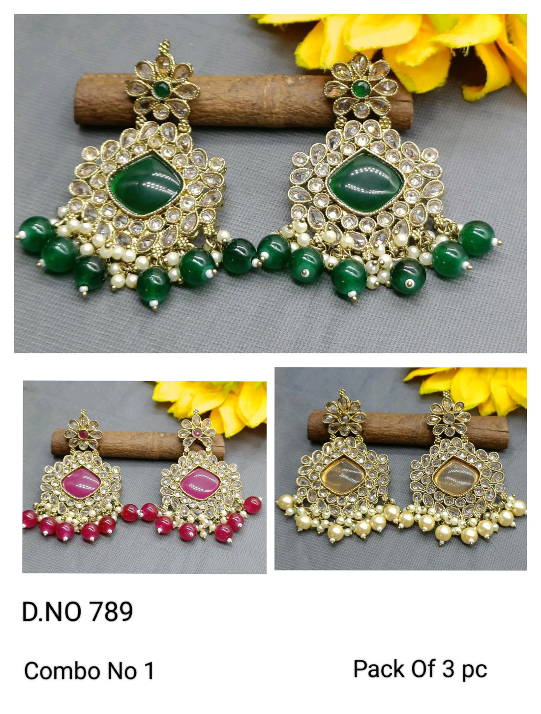 Polki Mehandi Earring Combo Sku 789 rchiecreation