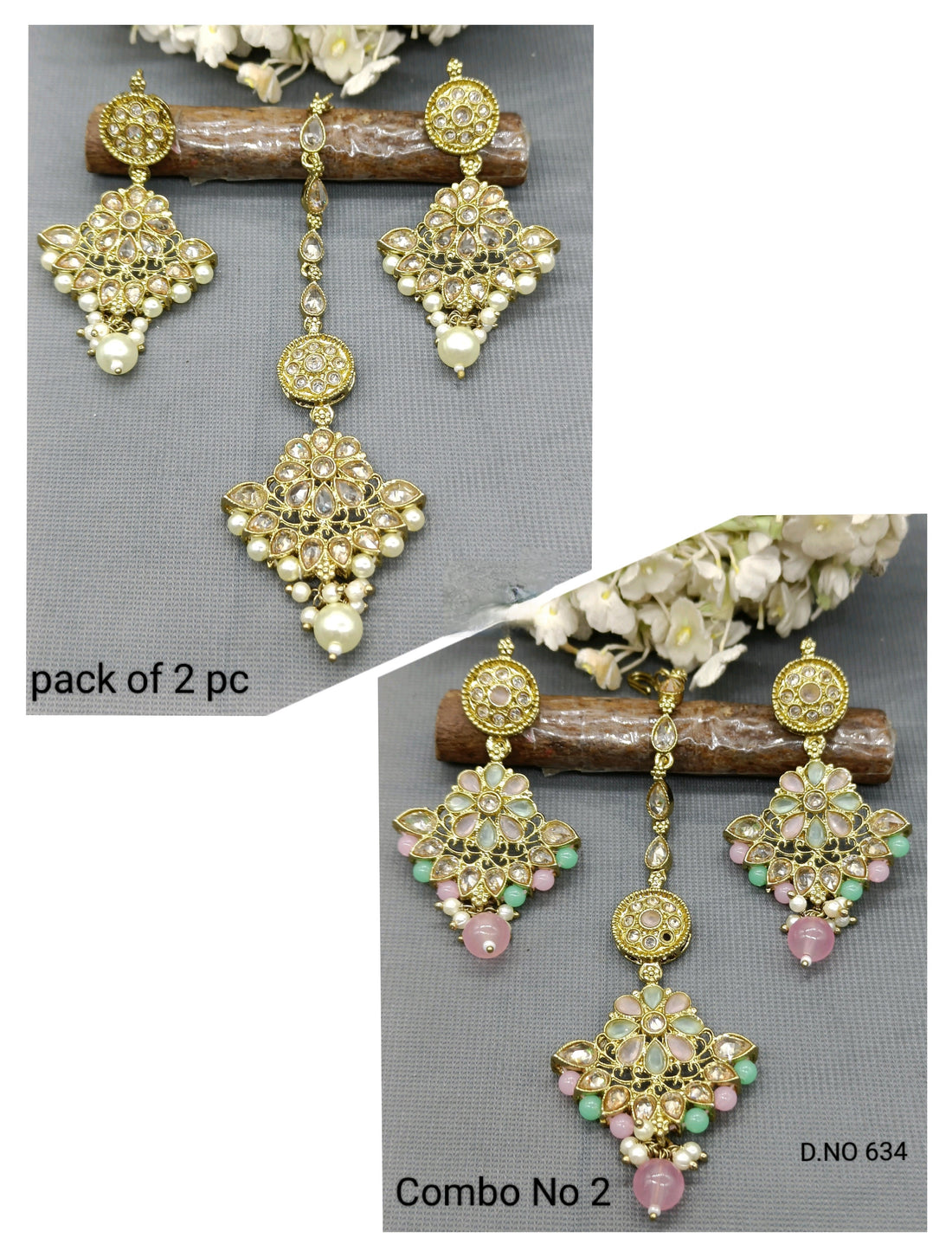 Polki Mehandi Earring & Tica Combo Sku 634 rchiecreation